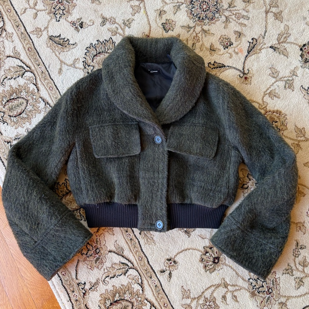 ‘Jil Sander Navy’ Dark Green Shaggy Wool Blend Cropped Coat US 4
